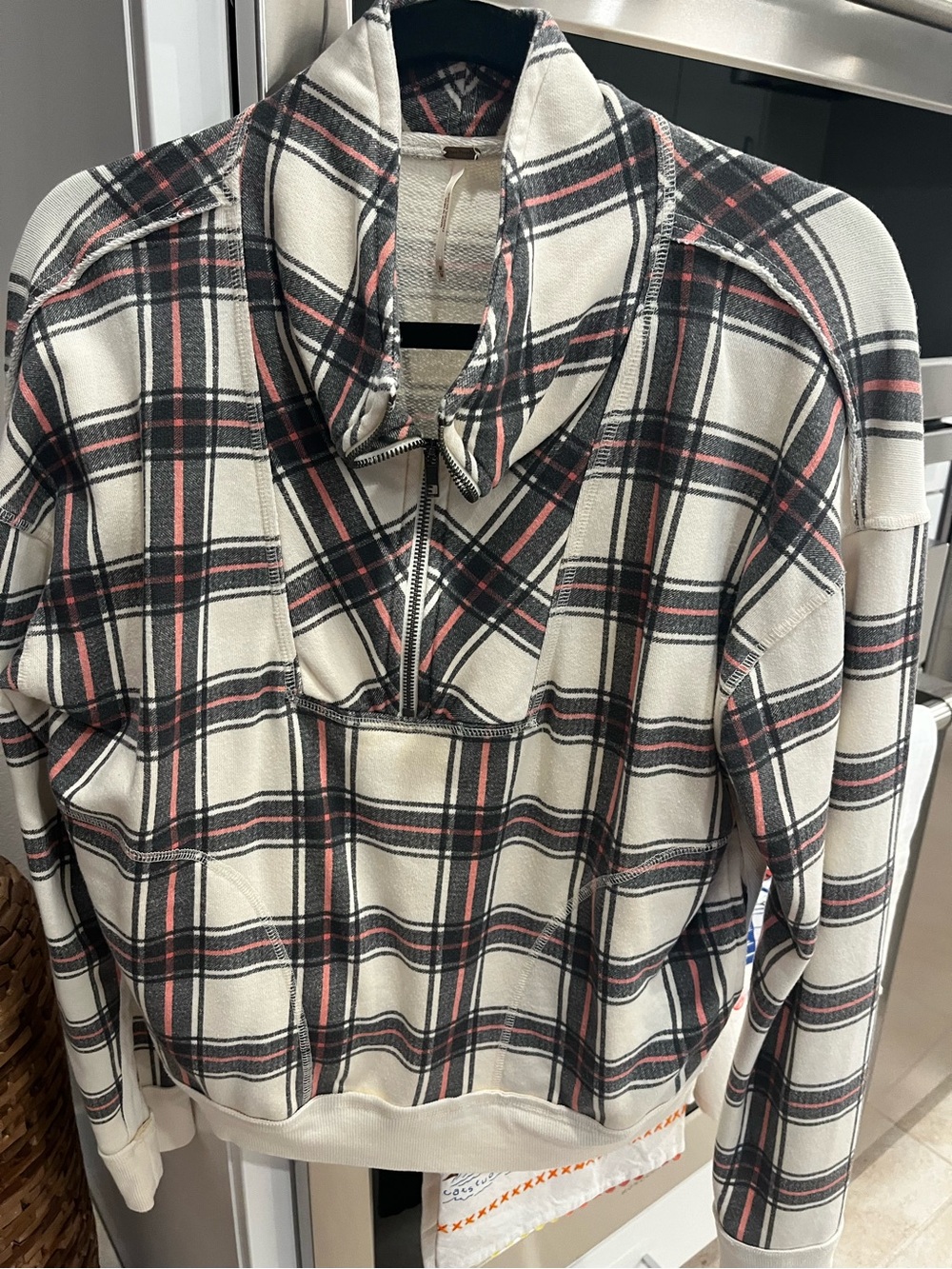 Free People Plaid Half-Zip Pullover in Cream, Black & Red with Pockets